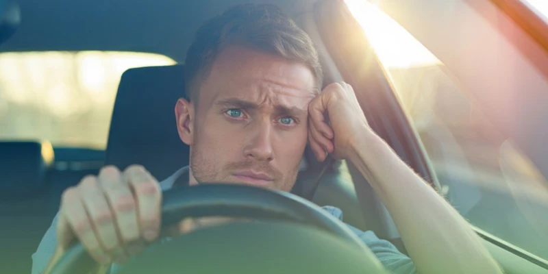 Мужчина в состоянии стресса едет за рулем